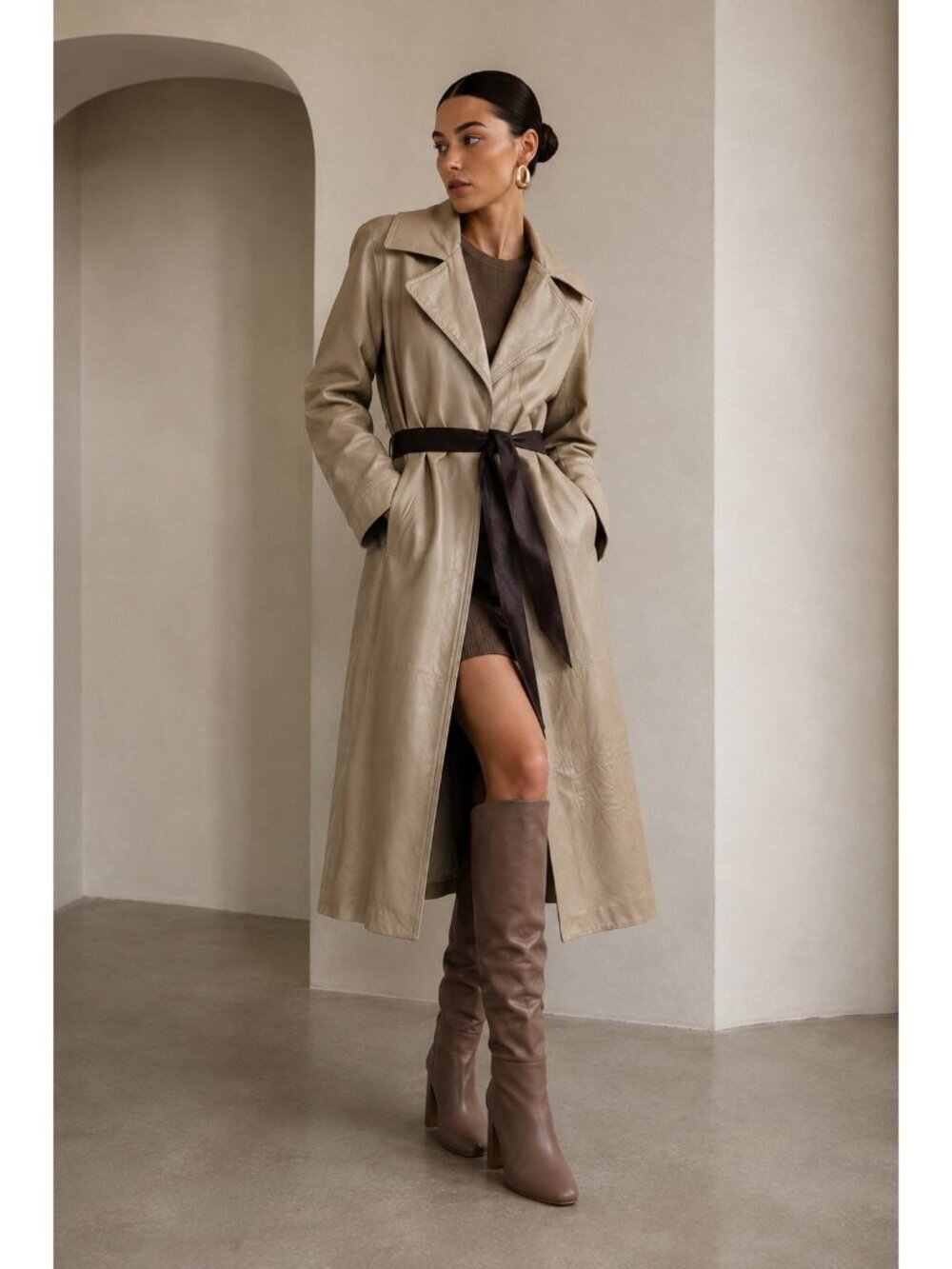 Vintage Nobbson Fort Wayne Soft Genuine Leather Long Belted Coat Beige S/M